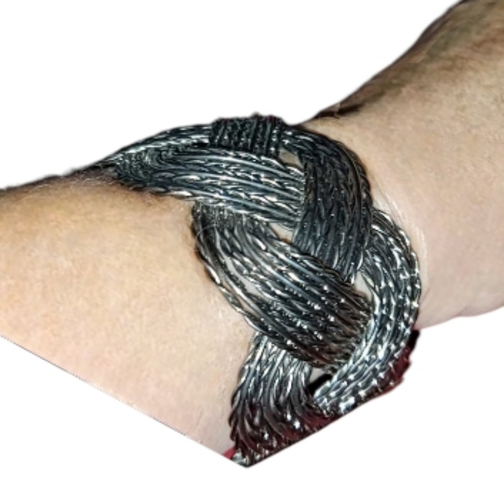 Antique-Silver / Black Large Metal Braided Cuff Bracelet Open Back
